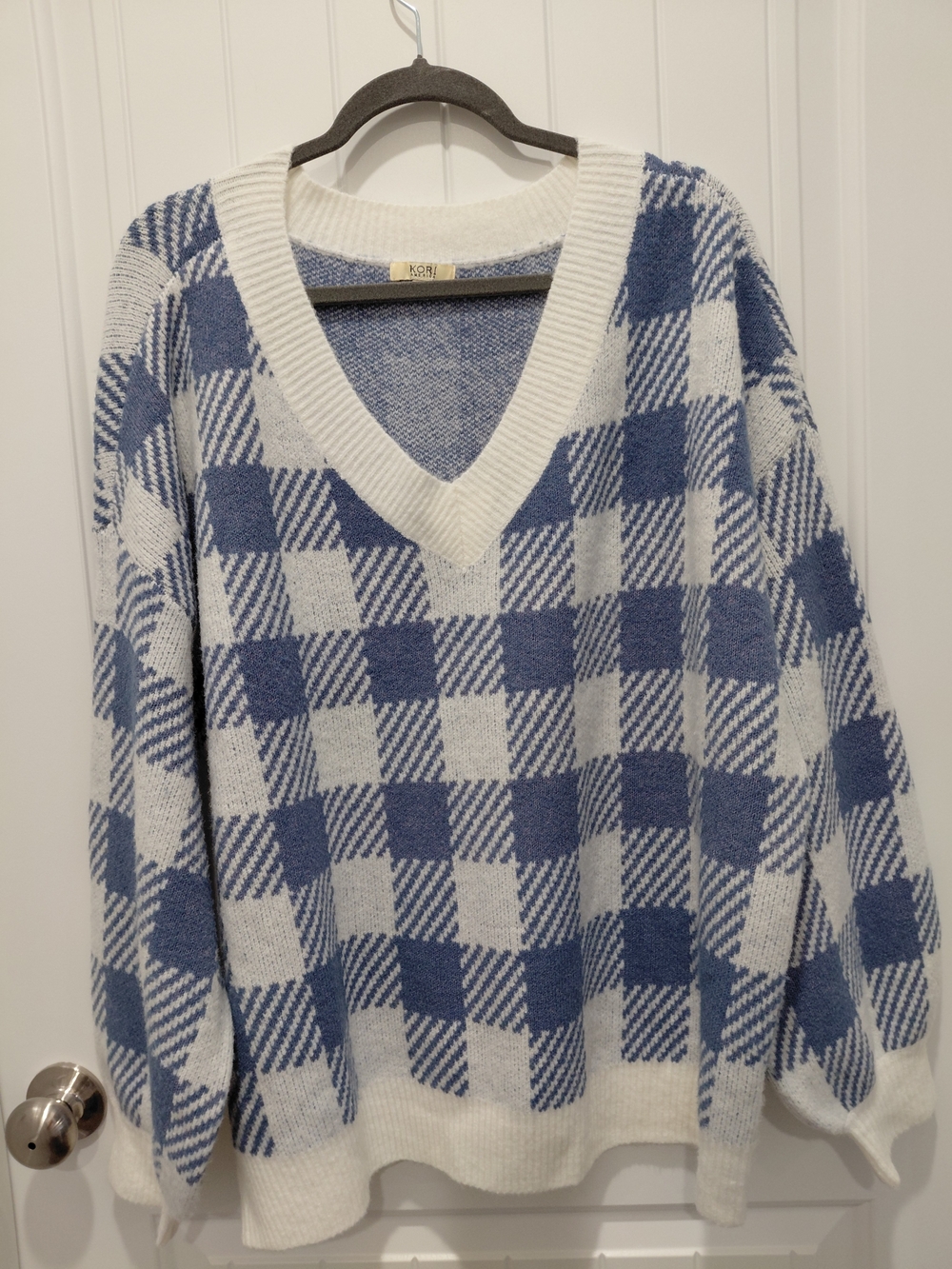 Kori Blue and White Plaid V-Neck Knit Sweater #0963